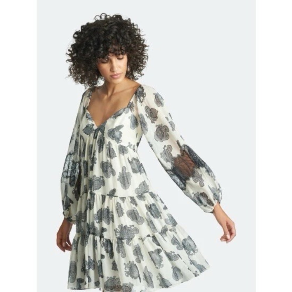 NWT Sachin + Babi Pomegranate Paisley Tiered Babydoll Dress Black White Balloon
